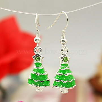 Fashion Earrings for Christmas, with Enameled Alloy Pendants and Brass Earring Hooks, Lime, 38mm(EJEW-JE00368-03)