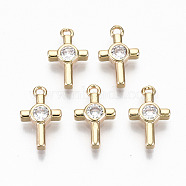 Brass Micro Pave Cubic Zirconia Tiny Cross Charms, Light Gold, Long-Lasting Plated, Cadmium Free & Lead Free, Clear, 12.5x7.5x2mm, Hole: 1.2mm(KK-S359-023-RS)