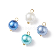 Glass Pearl Pendants, with Golden Plated Brass Findings, Round, Royal Blue, 11x8.5mm, Hole: 2mm(PALLOY-JF01880-01)