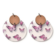 Printed Acrylic Pendants, Flat Round with Butterfly Pattern,  with Poplar& Platinum Loop, Deep Pink, 47.5x40.5x2.5mm, Hole: 5mm(FIND-B045-19A)