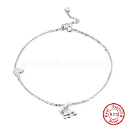 925 Sterling Silver Cable Chain Anklet, Butterfly, Real Platinum Plated, 10-3/4 inch(27.3cm)(AJEW-Z029-01P)