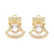 Christmas Theme Brass Pave Clear Cubic Zirconia Charms, Christmas Bell, Real 18K Gold Plated, 14x18x3.5mm, Hole: 1mm(KK-T073-02G)