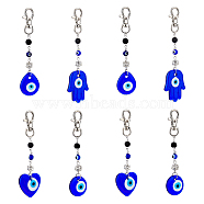 8Pcs 4 Style Handmade Lampwork Evil Eye Pendant Decoration, Natural Lava Rock Round Bead & Lobster Clasp Charms, for Keychain, Purse, Backpack Ornament, Heart/Flat Round/Teardrop/Hamsa Hand, Mixed Shapes, 121~141mm, 2pcs/style(HJEW-DC0001-02)