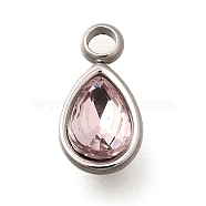 304 Stainless Steel Pendants, with Rhinestone, Stainless Steel Color, Teardrop, Light Rose, 10.5x5.5x0.5mm, Hole: 1.8mm(STAS-Q346-04P-03)