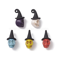 Synthetic Turquoise Dyed Pendants, Halloween Skull Charms with Black Alloy Witch Hat, Mixed Color, 22x11x11mm, Hole: 2mm(PALLOY-TA00114)