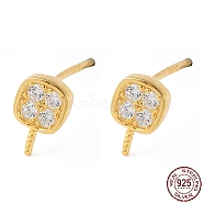 925 Sterling Silver Stud Earring Findings, with Clear Cubic Zirconia, Square, for Half Drilled Beads, with S925 Stamp, Real 18K Gold Plated, 5x5mm, Pin: 11x1mm and 0.9mm(STER-M115-15G)