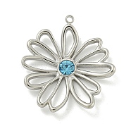 304 Stainless Steel Pendants, with Rhinestone, Hollow Flower Charm, Stainless Steel Color, Light Sapphire, 28x26x4mm, Hole: 1.4mm(STAS-L022-436P-03)