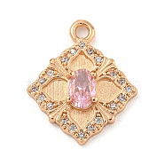 Brass Micro Pave Cubic Zirconia Pendants, Rhombus, Pink, 19.5x16x3.5mm, Hole: 1.8mm(KK-Z072-03KCG-01)