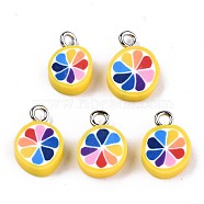 Handmade Polymer Clay Charms, with Platinum Tone Iron Findings, Lemon,  Rainbow Color, 13~14x8.5~10x4mm, Hole: 1.8mm(X-CLAY-T016-58)