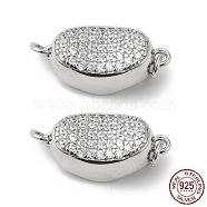 Rhodium Plated 925 Sterling Sliver Micro Pave Clear Cubic Zirconia Box Clasps, 1-Strand, 2-Hole, with 925 Stamp, Oval, Real Platinum Plated, 17x8.5x8mm, Hole: 2.1mm(STER-M114-11P)