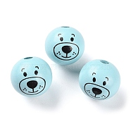 Spray Painted Natural Wood European Beads, Large Hole Beads, Round with Printed Bear , Aqua, 25mm, Hole: 6mm, about 100pcs/500g(WOOD-D024-01D)