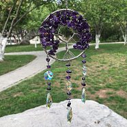 Metal Wire Wrapped Natural Amethyst Chips Flat Round with Tree of Life Pendant Decorations. Hanging Suncatchers, with Glass Teardrop Charm, 300x80mm(TREE-PW0003-11H)