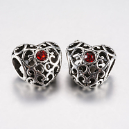 Tibetan Style Alloy Rhinestone European Beads, Large Hole Beads, Heart, Antique Silver, Red, 12x12.5x10mm, Hole: 5mm(PALLOY-F200-06F)