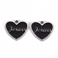 201 Stainless Steel Enamel Pendants, Heart with Word Forever, Stainless Steel Color, Black, 18x20x2mm, Hole: 2.5mm(STAS-Q238-037)