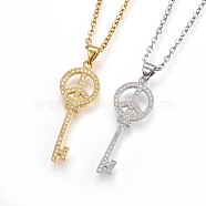 304 Stainless Steel Pendant Necklaces, with Cubic Zirconia, Key with Peace Sign, Mixed Color, 19.3 inch(49cm), Pendant: 33x12x2mm(NJEW-L150-20)