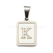 304 Stainless Steel Pave Natural White Shell Pendants, Rectangle with Letter Charms, Stainless Steel Color, Letter K, 17.5x12x1.5mm, Hole: 6x3mm(STAS-S130-03P-K)