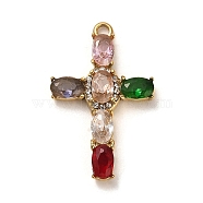 Real 18K Gold Plated 304 Stainless Steel Pendants, with Glass and Rhinestone, Cross, Colorful, 30x19x4mm, Hole: 2mm(STAS-M331-01G)