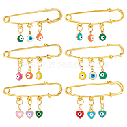 6Pcs 3 Style Evil Eye & Heart Brass Enamel Charms Safety Pin Brooches Set, Golden Iron Sweater Shawl Clips for Waist Pants Extender Clothes Dresses Decorations, Mixed Color, 25~29x50~55mm, 2Pcs/style(JEWB-AB00001)