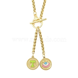 Ion Plating(IP) 304 Stainless Steel Green Yellow Enamel Letter & Eye Pendant Wheat Chain Necklaces, with Toggle Clasps, Golden, Letter T, 20.47~20.87 inch(52~53cm)(STAS-Z102-01G-T)