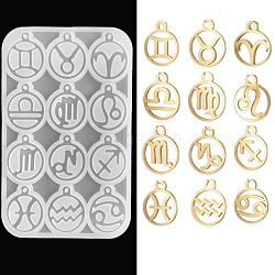 DIY Pendant Silicone Molds, for Earring, Necklace Making, Resin Casting Molds, For UV Resin, Epoxy Resin Jewelry Making, Flat Round with Twelve Constellation, White, 140x90x4mm, Hole: 2mm, Inner Diameter: 31x26mm(DIY-M025-07)