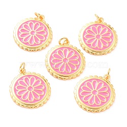 Real 18K Gold Plated Brass Pendants, with Enamel, Long-Lasting Plated, Flat Round with Flower, Pink, 22.5x19.5x2mm, Jump Ring: 5x1mm, 3mm Inner Diameter(KK-L206-013G-05)