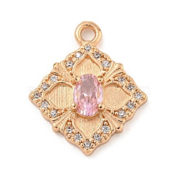 Brass Micro Pave Cubic Zirconia Pendants, Rhombus, Pink, 19.5x16x3.5mm, Hole: 1.8mm(KK-Z072-03KCG-01)