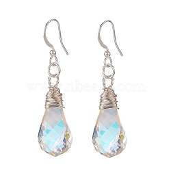 Teardrop Dangle Earrings, AB Color Half Electroplated Glass Faceted Twist Pendant Earring with Eco-Friendly Round Copper Wire Wrapped, 304 Stainless Steel Jewelry for Women, Silver, 45mm, Pin: 0.7mm(EJEW-JE05159-02)