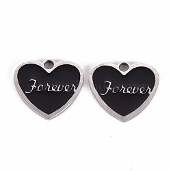 201 Stainless Steel Enamel Pendants, Heart with Word Forever, Stainless Steel Color, Black, 18x20x2mm, Hole: 2.5mm(STAS-Q238-037)