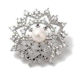 Rack Plating Brass Pave Clear Cubic Zirconia Flower Brooches, with ABS Imitation Pear Beads, Platinum, 39mm(KK-S391-04P)