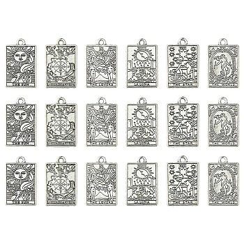 18Pcs 6 Styles Zinc Tibetan Style Alloy Pendants, Rectangle with Tarot Charm, Antique Silver, 23x14x1.5mm, Hole: 1.8mm, 3pcs/style