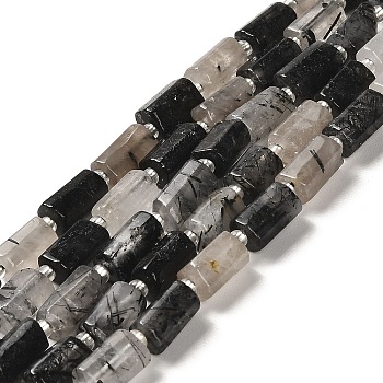 Natural Black Rutilated Quartz Beads Strands, with Seed Beads, Faceted, Column, 8.5~11x5.5~6.5mm, Hole: 1mm, about 14~15pcs/strand, 7.48''(19cm)
