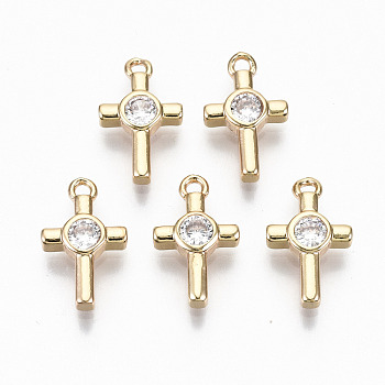 Brass Micro Pave Cubic Zirconia Tiny Cross Charms, Light Gold, Long-Lasting Plated, Cadmium Free & Lead Free, Clear, 12.5x7.5x2mm, Hole: 1.2mm