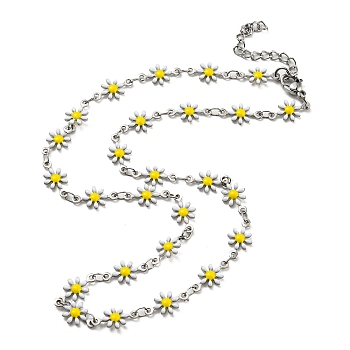 304 Stainless Steel Flower Link Chain Necklace with Enamel, Stainless Steel Color, 16.54 inch(42cm)