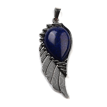 Natural Lapis Lazuli Big Pendants, Wing Charms with Alloy Findings, Antique Silver, 56.5~57x22.5~23x7~8mm, Hole: 4x8.5mm