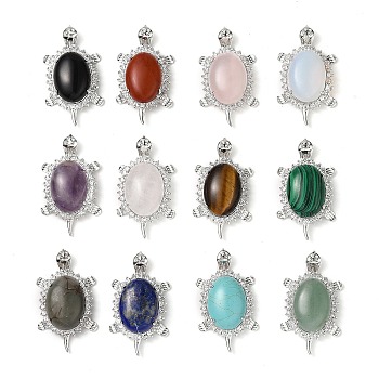 Natural & Synthetic Mixed Gemstone Pendants, Rack Plating Platinum Tone Brass Tortoise Charms with Rhinestone, Cadmium Free & Lead Free, 48.5x28.5x14mm, Hole: 7x4mm