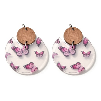 Printed Acrylic Pendants, Flat Round with Butterfly Pattern,  with Poplar& Platinum Loop, Deep Pink, 47.5x40.5x2.5mm, Hole: 5mm