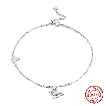 925 Sterling Silver Cable Chain Anklet, Butterfly, Real Platinum Plated, 10-3/4 inch(27.3cm)