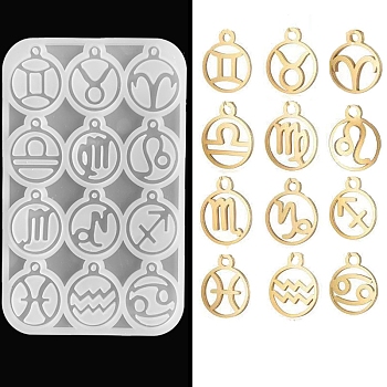 DIY Pendant Silicone Molds, for Earring, Necklace Making, Resin Casting Molds, For UV Resin, Epoxy Resin Jewelry Making, Flat Round with Twelve Constellation, White, 140x90x4mm, Hole: 2mm, Inner Diameter: 31x26mm