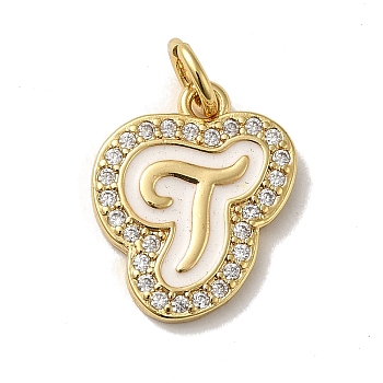 Brass Micro Pave Cubic Zirconia Pendants, with Jump Rings, Real 18K Gold Plated, Letter T, 17.5x14.5x2mm, Hole: 3.8mm