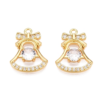 Christmas Theme Brass Pave Clear Cubic Zirconia Charms, Christmas Bell, Real 18K Gold Plated, 14x18x3.5mm, Hole: 1mm