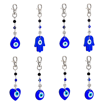 8Pcs 4 Style Handmade Lampwork Evil Eye Pendant Decoration, Natural Lava Rock Round Bead & Lobster Clasp Charms, for Keychain, Purse, Backpack Ornament, Heart/Flat Round/Teardrop/Hamsa Hand, Mixed Shapes, 121~141mm, 2pcs/style