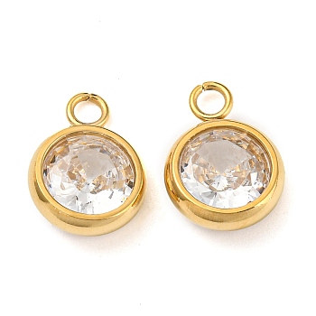 304 Stainless Steel Charms, with Glass Rhinestone, Flat Round, Real 14K Gold Plated, 10.5x8x3mm, Hole: 1.6mm