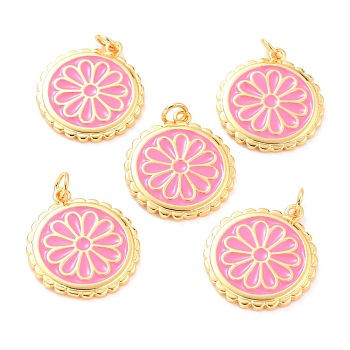 Real 18K Gold Plated Brass Pendants, with Enamel, Long-Lasting Plated, Flat Round with Flower, Pink, 22.5x19.5x2mm, Jump Ring: 5x1mm, 3mm Inner Diameter