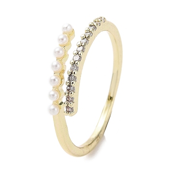 Clear Cubic Zirconia Curff Ring with ABS Imitation Pearl Beaded, Adjustable Brass Ring, Real 18K Gold Plated, Inner Diameter: 17mm