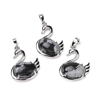 Natural Snowflake Obsidian Pendants, with Platinum Tone Brass Findings, Cadmium Free & Lead Free, Swan, 32x25x7.3mm, Hole: 8mm