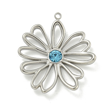 304 Stainless Steel Pendants, with Rhinestone, Hollow Flower Charm, Stainless Steel Color, Light Sapphire, 28x26x4mm, Hole: 1.4mm