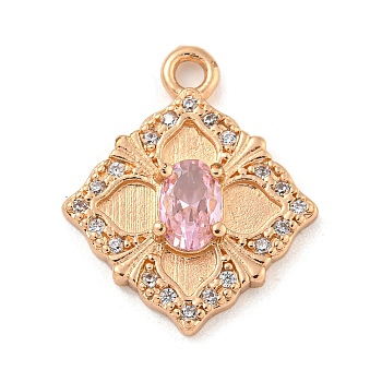 Brass Micro Pave Cubic Zirconia Pendants, Rhombus, Pink, 19.5x16x3.5mm, Hole: 1.8mm