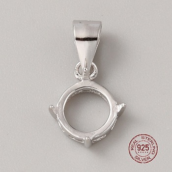 Rhodium Plated 925 Sterling Silver Open Back Bezel Pendant Cabochon Settings, Basket Pendant Setting with Prongs Mounting, Flat Round, with 925 Stamp, Platinum, Tray: 7.5mm, 10.5x8.5x3.5mm, Hole: 4.5x3.5mm 