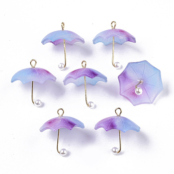 Acrylic Pendants, with Golden Plated Brass Loops and ABS Plastic Imitation Pearl, Umbrella, Cornflower Blue, 20~21x20x20mm, Hole: 1.6mm