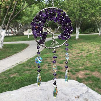 Metal Wire Wrapped Natural Amethyst Chips Flat Round with Tree of Life Pendant Decorations. Hanging Suncatchers, with Glass Teardrop Charm, 300x80mm